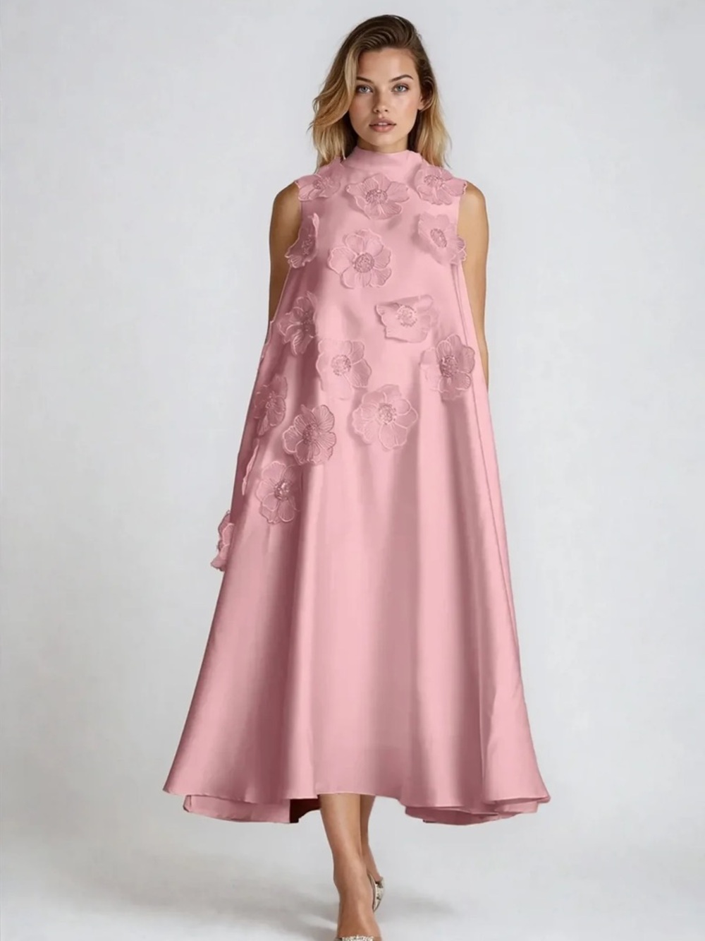 Sleeveless Pink Floral Appliqué Midi Dress - Picture 2 of 3